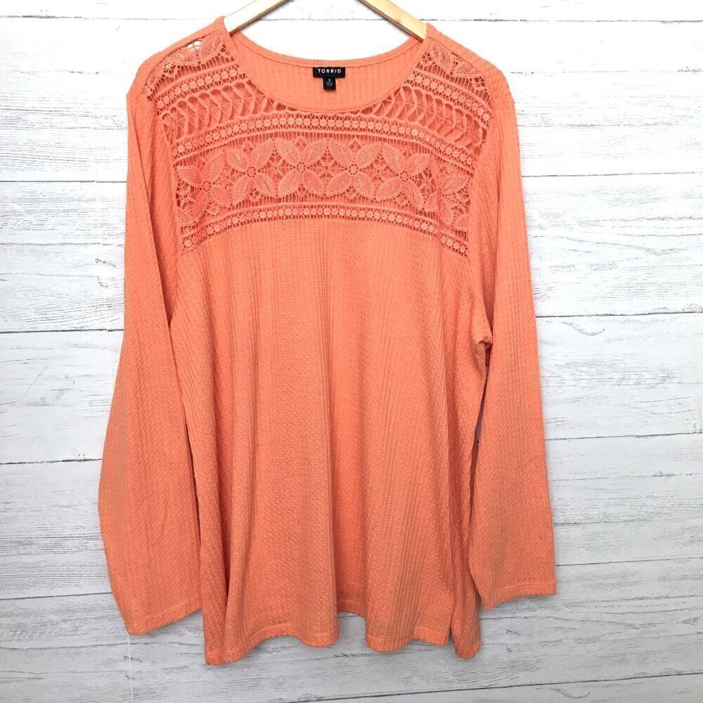 Torrid Women's Orange Tunic Top Crochet Neckline Waffle Knit Long Sleeves 3X